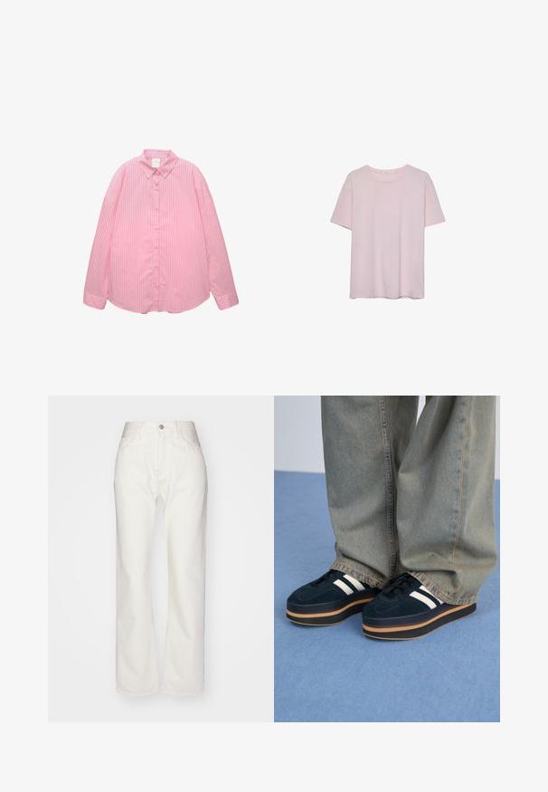 Hellrosa Hemd mit Knopfleiste und vertikalen weißen Streifen, einem spitzen Kragen und langen Ärmeln mit umgeschlagenen Manschetten, aus glattem Stoff.; Helles rosa Baumwoll-T-Shirt mit kurzen Ärmeln, rundem Halsausschnitt und lässiger Passform. Glatte Textur und einfaches Design, keine zusätzlichen Muster oder Akzente.; Weiße Denim-Hosen mit hoher Taille und weit geschnittenem Bein. Mit einem Knopf- und Reißverschluss, Gürtelschlaufen und dezenten Nähten.; Dunkelblaue Wildleder-Plattform-Sneaker mit weißen Streifen und schwarzen Schnürsenkeln. Mit einer dicken braunen Gummisohle ausgestattet. Tragen Sie sie mit hellblauen Jeans.