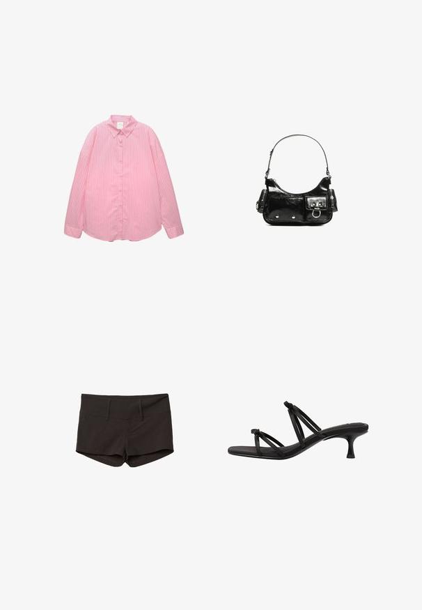 Lys rosa skjorte med knapper, vertikale hvide striber, spids krave og lange ærmer med optrukne manchetter, lavet af glat stof.; Sorte bomuldsbukser med en tætsiddende design, der har en glat overflade og to forlommer. Mellemhøj talje og ingen iøjnefaldende mønstre.; Sorte hælede sandaler med slanke, krydsende stropper og en spids tå. Materialet virker glat med en mat tekstur og har en lille kitten hæl.; Sort patenteret læder håndtaske med en buet form, en skulderrem, frontlommer og hardware accenter i sølvfarve.