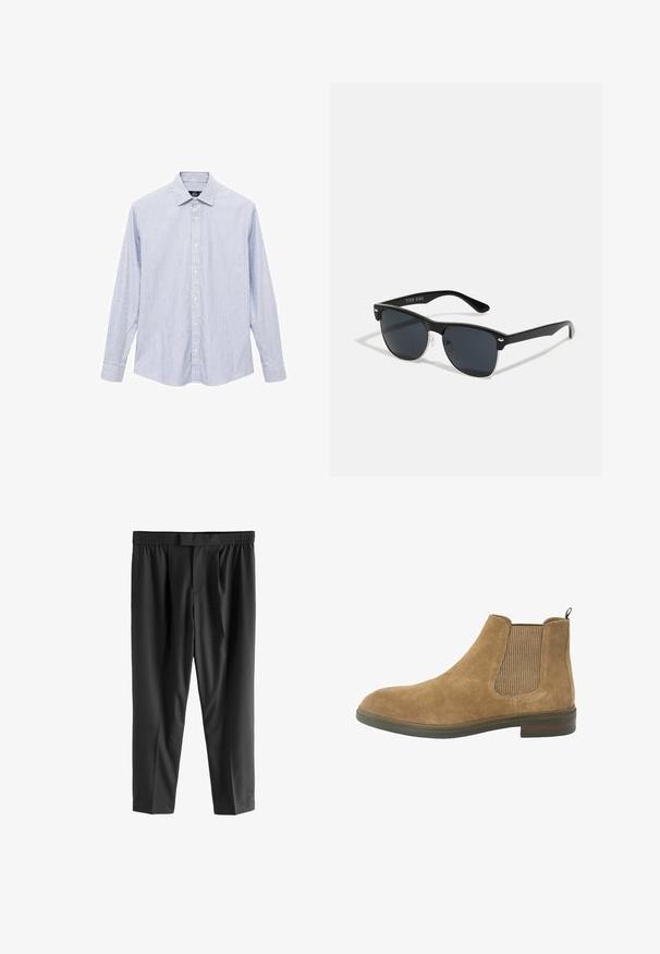 Pruhovaná button-up košeľa v svetlomodrej a bielej bavlnene. Obsahuje klasický golier, dlhé rukávy a zakrivený spodný lem. Tlačidlá sú po celej dĺžke predného dielu.; Next REGULAR FIT -CHECK SMART - Nohavice chinos - black; Semišové Chelsea boty v hnedej farbe so elastickými bočnými panelmi, okrúhlou špičkou a pútkom; robustná gumová podrážka a textúrované látkové akcenty.; Čierne slnečné okuliare s obdĺžnikovým tvarom, tmavými sklami, striebornými akcentmi na bočných okrajoch a matným povrchom rámu.