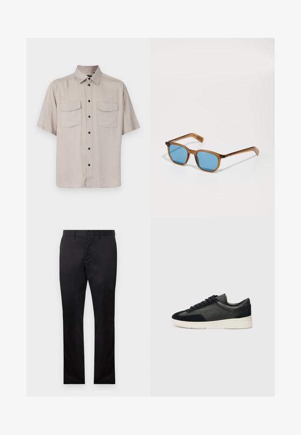 Trumpas rankovės šviesiai smėlio spalvos marškinis su apykakle, dviem užsegamais kišenėmis ir juodais mygtukais priekyje. Lygus, negrubus audinys.; Juodos medvilninės kelnės su tiesiais kojomis, su sagčių uždarymu priekyje ir šoninėmis kišenėmis, lygia tekstūra, be matomų raštų.; Žemi sportbačiai su juodu sukurto veliūro ir tekstūruoto odos deriniu, balta guma padanga ir juodi raišteliai. Šoninėse dalyse subtilus prekės ženklas.; Rudos plastikiniai akinių rėmeliai su mėlynomis lęšiais, kvadratinės formos, ploni nagučiai, tekstūruoti akcentai ant šventyklų ir blizgus paviršius.