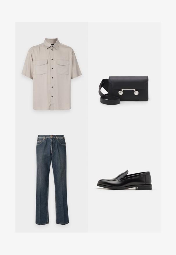 Camisa de botones de manga corta, color beige claro, con cuello, dos bolsillos con solapa y botones negros en el frente. Fabricado con una tela lisa, sin textura.; Vaqueros de mezclilla de pierna recta en azul oscuro con botón frontal, cremallera, dobles bolsillos frontales y pliegues verticales visibles a lo largo de las piernas.; Mocasines de cuero negro con una textura suave, puntera redondeada y una tira decorativa en el empeine. Tacón bajo apilado, diseño minimalista.; Bolso cruzado de cuero negro con cierre de solapa, herrajes en tono plata y dos acentos redondos. Cuenta con una correa desmontable. Textura suave.