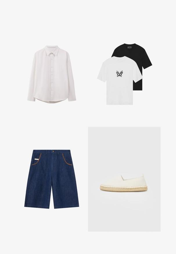 Witte lange mouwen shirt met een klassieke kraag, knoopsluiting aan de voorkant, relaxed fit en afgeronde zoom; gemaakt van een soepele, lichte stof.; Korte mouwen t-shirts in zwart en wit, met een vlinder graphic met vlammenpatroon op de voorkant van het witte shirt. Katoenen materiaal.; Denim shorts in een diepblauwe kleur, met contrasterende bruine stiksels langs de voorzakken en een klassieke knoopsluiting.; Witte canvas espadrille schoen met een jute touwzool, ronde neus en elastische zijkanten voor gemakkelijk aan- en uittrekken. Platter ontwerp, minimalistische stijl.