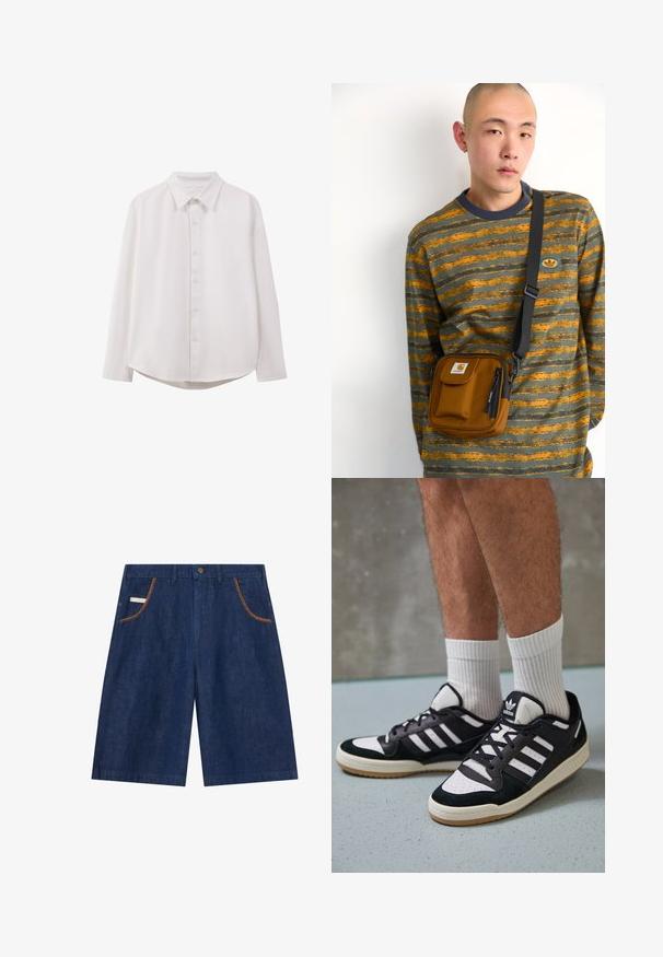 Camicia bianca a maniche lunghe con colletto classico, chiusura frontale con bottoni, vestibilità rilassata e orlo curvo; realizzata in tessuto leggero e morbido.; Shorts di jeans di un blu intenso, con cuciture marroni in contrasto lungo le tasche anteriori e una chiusura a bottone classica.; Sneaker bianco e nero con tomaia in suede e pelle, caratterizzati da tre strisce bianche, punta perforata e suola in gomma naturale.; Borsa a tracolla in tessuto marrone con zip e tasca frontale; indossata sopra una maglietta a maniche lunghe grigia e arancione a righe con toppa del logo.