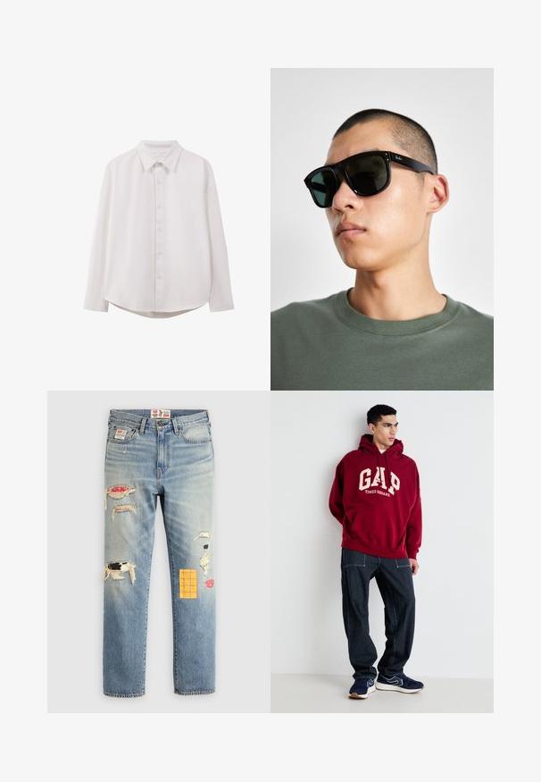 Biała koszula z długim rękawem, klasycznym kołnierzykiem, zapięciem na guziki z przodu, luźnym krojem i zaokrąglonym dołem; wykonana z gładkiego, lekkiego materiału.; Jasnoniebieskie dżinsy o luźnym kroju, z przetarciami w różnych kolorach i wzorach, w tym akcentami w kolorze pomarańczowym i czerwonym.; Bordowa bluza z kapturem z napisem "GAP" i "TIMES SQUARE" w kolorze kości słoniowej, zestawiona z granatowymi spodniami w paski oraz granatowymi sneakersami z białymi akcentami.; Czarne prostokątne okulary przeciwsłoneczne z ciemnymi szkłami, o charakterystycznym kształcie i logo na zauszniku. Noszone przez osobę w zielonej koszuli.