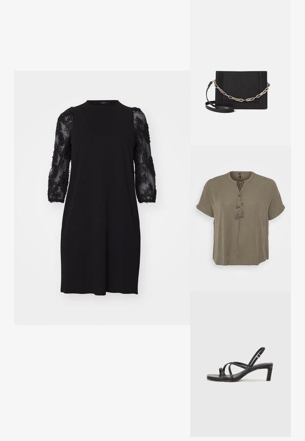 Khaki kortermet bluse med rund halslinning, front knappelukking og dekorative frynser med perler ved knytedetaljene. Glatt stofftekstur.; Svart kjole med rund halslinning, trekvartlange gjennomsiktige ermer med blomsterbølgebroderi, og avslappet passform.; Sorte sandaler med stropper, firkantet tå og lav blokk hæl. Har flere tynne stropper og en justerbar ankelstropp. Laget av glatt lær.; Svart lær crossbody-veske med glatt tekstur, rektangulær form og metallkjede detaljer på framsiden. Justerbar stroppe inkludert.