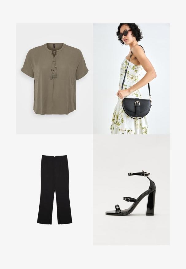 Khaki short-sleeve blouse with a round neckline, front button closure, and decorative tassels with beads at the tie detail. Smooth fabric texture.; Black trousers with a straight fit, featuring front pockets and side slits at the hem. Made of soft, smooth fabric. Suitable for various occasions.; Black patent heeled sandals with a square toe, ankle straps, and silver buckles. Features a chunky block heel for stability.; Black leather handbag with a curved shape, detachable strap, and gold hardware. The bag features a flap with a buckle detail.