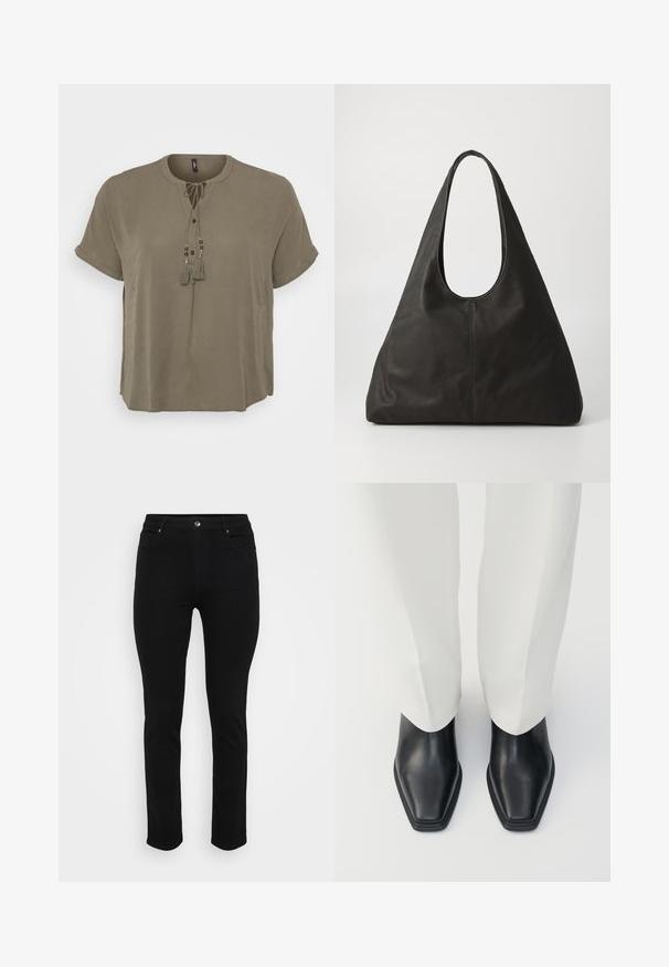 Blusa caqui de manga curta com decote redondo, fecho frontal por botões e franjas decorativas com contas no detalhe da fita. Textura do tecido suave.; Jeans de ganga pretos com um corte slim, design de cinco bolsos, fecho frontal por botão e ligeira elasticidade para conforto. Textura lisa e plana com detalhes mínimos.; Botas de cano curto em couro preto com biqueira pontiaguda e um salto baixo, combinadas com calças brancas de perna larga. Textura suave, design elegante.; Saco de tote em couro preto com uma alça curva, forma triangular alongada e textura suave. Apresenta um design minimalista sem hardware visível.; Brincos de metal prateado com um design ondulante e escultural, apresentando um acabamento polido e formas irregulares, destacando uma estética contemporânea.
