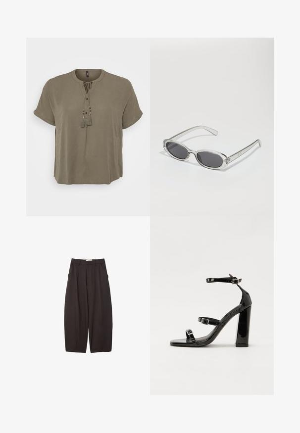 Kaki bluzica kratkih rukava s okruglim izrezom, prednjim kopčanjem na gumbe i ukrasnim resicama s perlicama na detalju vezanja. Glatka tekstura tkanine.; Crne široke hlače napravljene od glatke tkanine, s visokim strukom, prednjim nabranjima i bočnim džepovima. Jednostavan dizajn bez ukrasa.; Crne lakirane sandale na pete sa kvadratnim nosom, trakama oko gležnja i srebrnim kopčama. Imaju čvrst blok petu za stabilnost.; Naočale u ovalnom obliku, okvir od prozirne plastike, tamno sivi leće i tanke prozirne ručke s logotipom i minimalnim detaljima.; Crna kožna torba s lukovitim oblikom, odvojivim remenom i zlatnim detaljima. Torba ima preklop s kopčom.