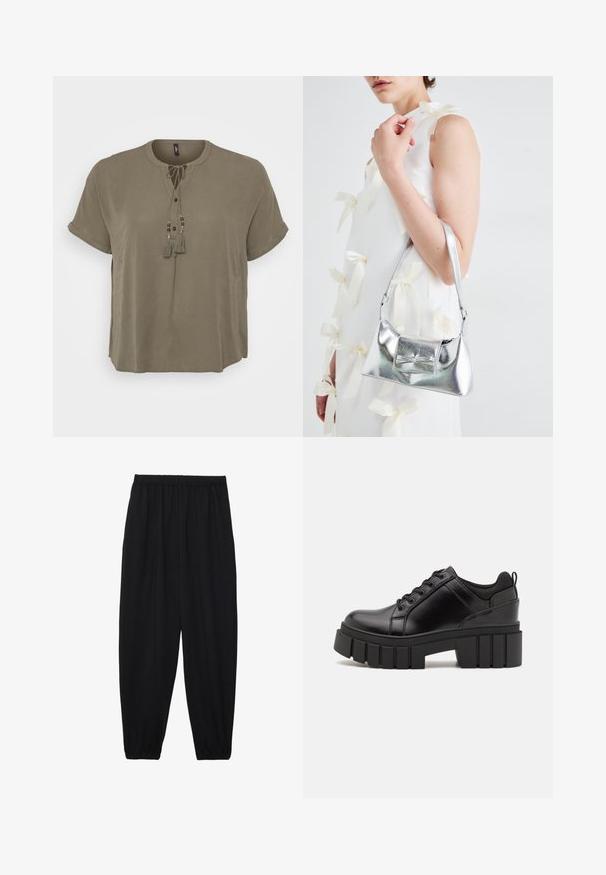 Blusa de manga corta en caqui con escote redondo, cierre de botones en la parte delantera y borlas decorativas con cuentas en el detalle del lazo. Textura de tela suave.; Pantalones negros, ligeros, con cintura elástica y tobillos fruncidos. La tela es suave y presenta un diseño relajado y ajustado.; Zapatos de plataforma de cuero negro con un tacón cuadrado grueso, punta redonda y diseño tradicional de cordones. Presenta una textura suave y un detalle minimalista.; Bolso de mano metálico plateado con forma estructurada, que presenta un asa superior y un detalle de lazo en el frente. Textura suave y acabado reflectante.