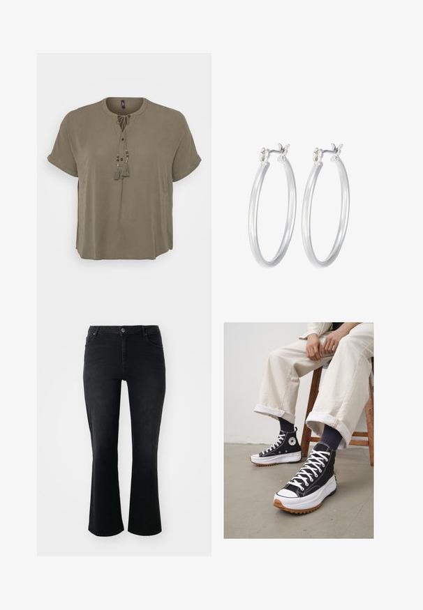 Kakifarben blus med korta ärmar, rund halsringning, knäppning framtill och dekorativa flätor med pärlor vid knytningen. Slät tygkvalitet.; Svarta jeans av denim med medelhög midja, framknapp, två framfickor, två bakfickor och utsvängd benklippning.; Höga svarta sneakers med vita snörningar och gummitå. Tjock vit sula med en texturerad brun yttersula, bärs med marinblå randiga strumpor.; Silverfärgade hoopörhängen med en slät, polerad yta. Rund form och säker klickstängning. Lättviktig design som passar för vardagligt bruk.