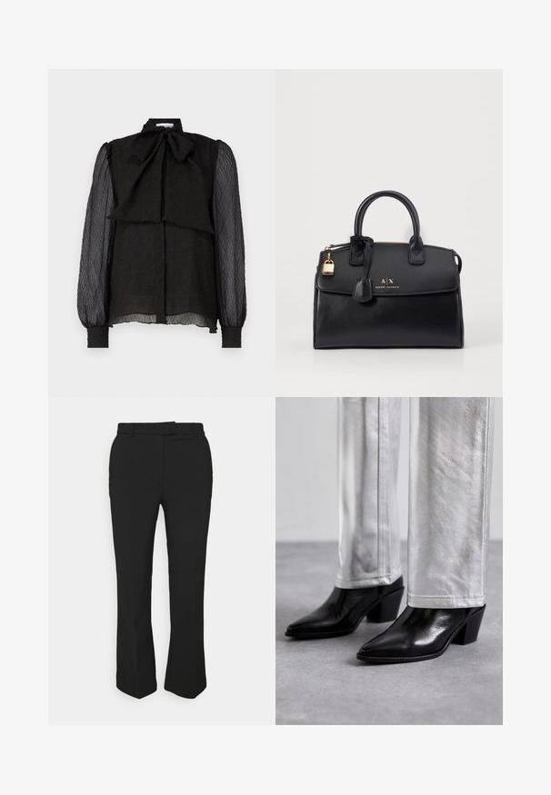 Must mustriga pluus struktureeritud paelakaelusega, tekstureeritud kangast, pikad läbipaistvad varrukad ja esine nööpide sulgemine. Helk on veidi ümardatud.; Mustad mustad püksid sirge säärega, millel on vööloop ja küljetaskud. Valmistatud siledast kangast, millel on puhas viimistlus.; Must musta ankle boots, mille musta ja terava nina ning plokkjala, kombineeritud läikivate hõbedaste pükstega, esitades sujuvaid tekstuure ja kontrastseid värve.; Must mustkott musta nahast, millel on struktureeritud kuju, kullatoonilised detailsed metallosad ja lukudetail. Omab kaht ülemist täispikka käepidet ning esiküljel on ettetõstetud brändingu logo.
