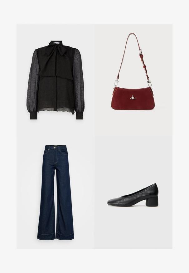 Čierna blúzka so štruktúrovaným golierom v tvare mašle, textúrovaná tkanina, dlhé priesvitné rukávy a zapínanie na prednej strane pomocou gombíkov. Spodný lem je mierne zaoblený.; Tmavomodré vysoké široké nohavice s vreckami vpredu, s pútkami na opasok, zapínaním na gombík a viditeľným šitím na bielom pozadí.; Čierne kožené lodičky s okrúhlou špičkou a stredne blokovým podpätkom. Hladká textúra s minimálnymi detailami, so subtílnym elastickým otvorom.; Červená semišová kabelka na rameno s zakriveným tvarom. Obsahuje strieborné akcenty a nastaviteľný popruh s hardvérovými detailmi. Hladký povrch.