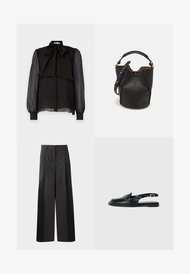 Čierna blúzka so štruktúrovaným golierom v tvare mašle, textúrovaná tkanina, dlhé priesvitné rukávy a zapínanie na prednej strane pomocou gombíkov. Spodný lem je mierne zaoblený.; Čierne široké nohavice s vysokým pásom, so záhybmi vpredu, hladkou textúrou a prispôsobeným strihom. Navrhnuté pre uvoľnený strih.; Čierna kožená sandálová topánka s okrúhlym prstom, plochou podrážkou, bočným výrezom a popruhom s detailom v zlatej farbe.; Čierna kožená vedro taška s textúrovaným povrchom, zlatými kovovými detailami a otvoreným vrcholom. Obsahuje krátku rukoväť a nastaviteľný ramenný popruh.