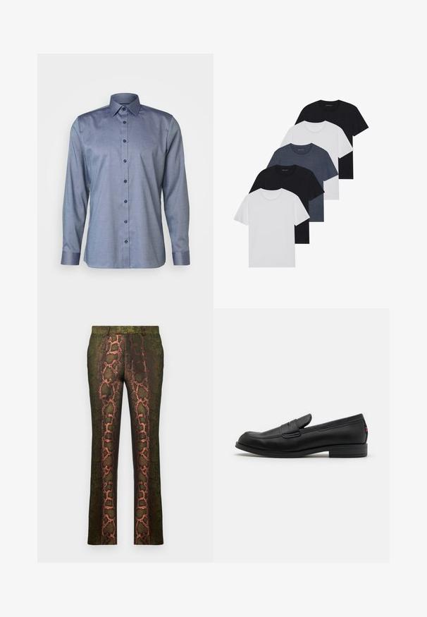 OLYMP No. Six SIX SUPER SLIM - Businesshemd - marine; Set aus fünf T-Shirts in Schwarz, Weiß und Marineblau. Baumwollstoff, kurze Ärmel, Rundhalsausschnitt und schlichte Textur ohne Muster.; Grüne gemusterte Hosen mit einem Schlangenmusterdruck in Brauntönen und Orange, gerade geschnitten und mit einer glatten Textur.; Schwarze Lederloafer mit glatter Oberfläche, abgerundetem Zehenbereich und einem kleinen dekorativen Riegel. Ausgestattet mit einem niedrigen, gestapelten Absatz und einem dezenten Markenlogo.