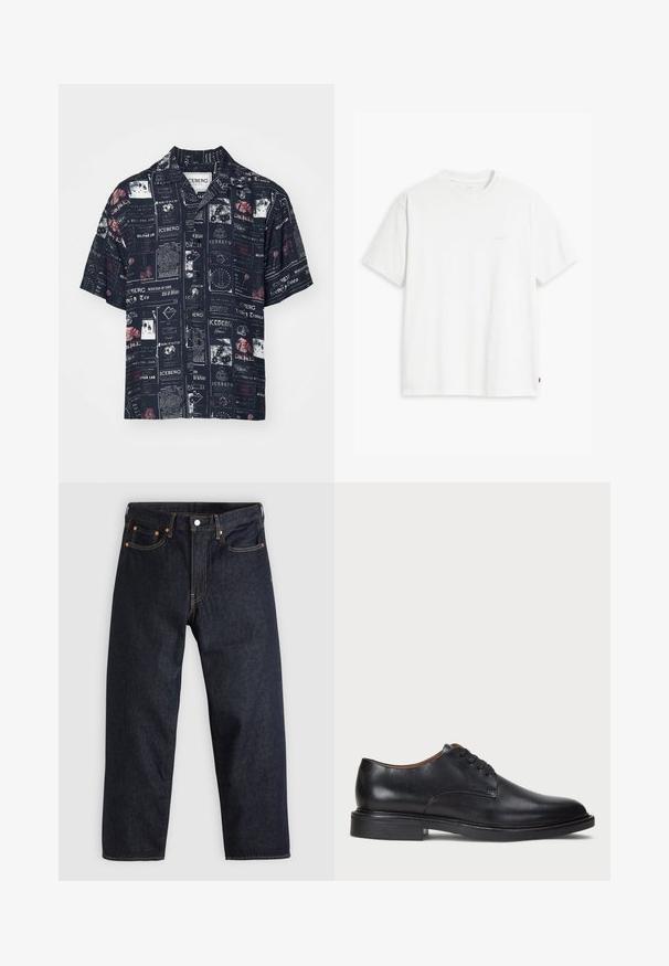 Iceberg - Koszula; Biała bawełniana koszulka z krótkim rękawem, okrągłym dekoltem i dyskretnym logo Levi's nadrukowanym na środku. Miękka tekstura i standardowy krój.; Granatowe dżinsy w prostym kroju, z pięcioma kieszeniami, kontrastującymi pomarańczowymi szwami oraz zapięciem na guzik. Brak widocznych wzorów lub zdobień.; Czarne skórzane buty wizytowe z okrągłym noskiem, sznurowanym zapięciem i niskim, warstwowym obcasem. Gładka faktura z minimalnymi detalami stębnowania.