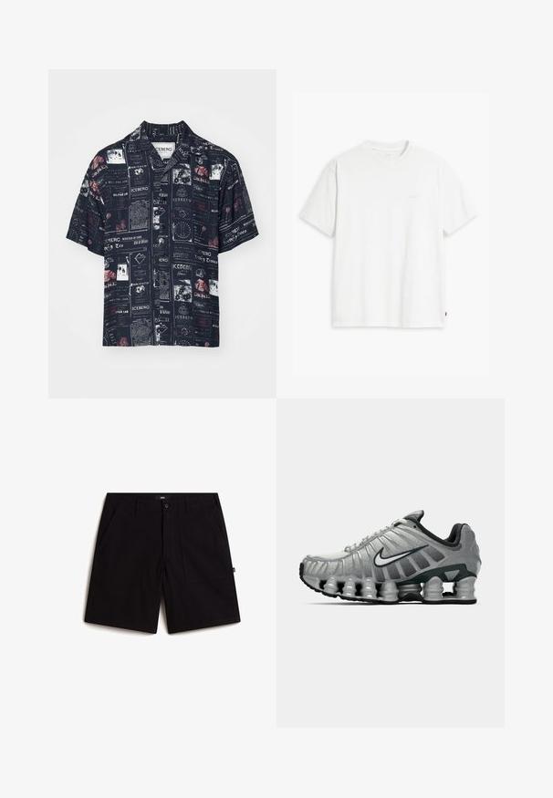 Iceberg Skjorta - blu scuro; Vit bomulls-t-shirt med korta ärmar, rund halsringning och en diskret "Levi's"-logotyp tryckt i ljus färg på framsidan.; Svarta shorts i bomull med en standard midja, två framfickor och en avslappnad passform. Enkelt mönster utan synliga mönster.; Grå och svart Nike löparskor med synlig fjädrande dämpning under sulan och en vit swoosh-logotyp på sidan.