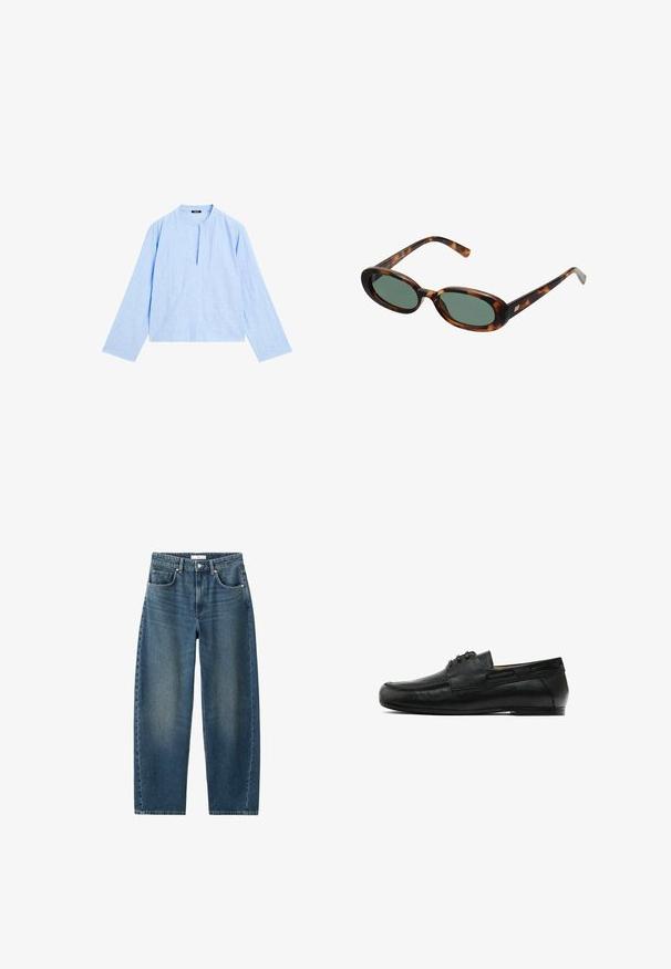Himmelblaue Bluse mit langen Ärmeln, rundem Ausschnitt und einem Schlitz vorne. Hergestellt aus strukturiertem Stoff, mit lockerer, cropped Passform.; Dunkelblaue Denim-Jeans mit geradem Bein, Fünf-Taschen-Design und klassischem Knopfverschluss. Weiche Textur mit dezenten Verfärbungen.; Schwarze Lederlofer mit runder Spitze, dekorativer Naht an der Vorderseite und zwei seitlichen Akzenten. Glatte Textur mit einem niedrigen, stabilen Absatz.; Schildpatt-Sonnenbrille mit ovalen Rahmen und grünen Gläsern. Verfügt über dünne Bügel mit einem metallischen Akzent in der Nähe der Scharniere.; Gewebte gelbe Handtasche mit einem geschwungenen Oberhandgriff und einer unstrukturierten Form. Die strukturierte Oberfläche weist ein kreuz und quer Muster auf.