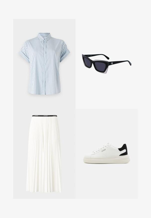 Hele sinine lühikeste varrukatega särk, millel on vertikaalsed triibud, nupuklõpsuga ees ja klassikalise kraega, valmistatud siledast kangast.; Kurtitudega valge seelik musta elastse vööga, millel on "LACOSTE" logo. Keskmise pikkusega disain pehme tekstuuriga.; Valged nahast tennisetossud paksu valge tallaga, musta sametist kontsakeeuga ja külje peal riigilogo reljeefne kujundus. Lukkeskeem kuue silmaauguga.; Mustad suured mustad prillid geomeetrilise kujuga, tumedate läätsedega ja kontrastse halli detailiga raamidel. Logo käe peal.