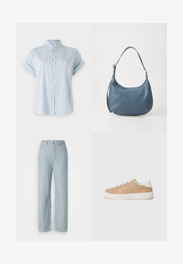 Vaaleansininen lyhythihainen paita, jossa on pystysuorat raidat, napitettu etuosa ja klassinen kaulus, valmistettu sileästä kankaasta.; Vaaleansiniset suorat farkut, jotka on valmistettu denimistä. Sisältää viisi taskua, metallinappikiinnityksen ja hienovaraisen kulutustekstuurin.; Valkoinen nahkalenkkari, jossa on valkoiset yksityiskohdat, pyöreä kärki, tasainen pohja ja erottuvat ompeluintarsiat. Nauhakiinnitys, jossa on kuusi reikäparia.; Sininen nahkakäsilaukku pyöreällä muotoilulla, yhdellä olkahihnalla, vetoketjukiinnityksellä ja kohokuvioidulla brändinimellä edessä. Sileä pinta.