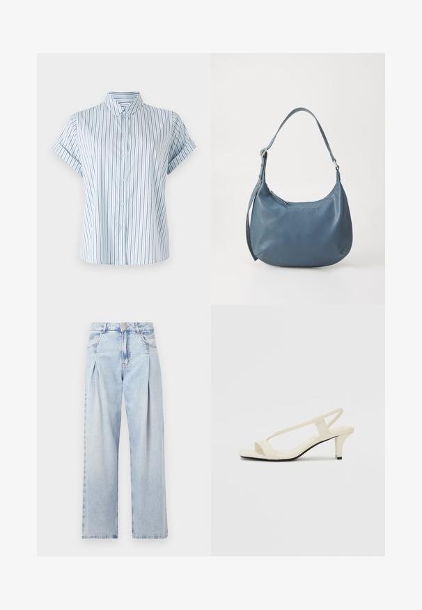 Vaaleansininen lyhythihainen paita, jossa on pystysuorat raidat, napitettu etuosa ja klassinen kaulus, valmistettu sileästä kankaasta.; Vaaleansiniset farkut, joissa on korkea vyötärö, leveälahkeinen leikkaus, kaksi sivutaskua ja pleatattu muotoilu. Pehmeä rakenne, jossa on haalistunut viimeistely.; Beige sandaalit, joissa on loiva korko, ohuet hihnat ja neliönmallinen varvasosa. Sileä materiaali, jossa on minimaalista yksityiskohtaa, suunniteltu helppokäyttöiseksi.; Sininen nahkakäsilaukku pyöreällä muotoilulla, yhdellä olkahihnalla, vetoketjukiinnityksellä ja kohokuvioidulla brändinimellä edessä. Sileä pinta.