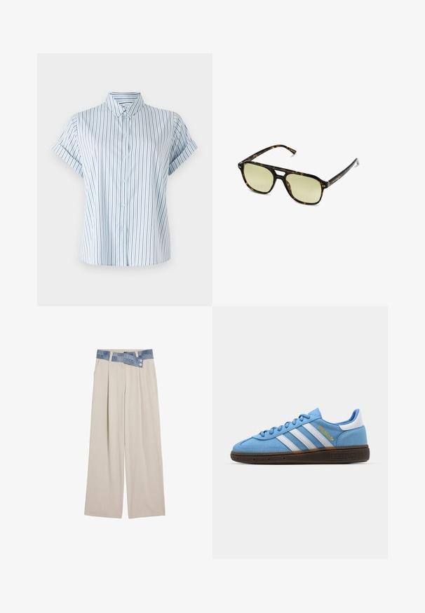 Jasnoniebieska koszula krótki rękaw w pionowe paski, z zapięciem na guziki z przodu i klasycznym kołnierzykiem, wykonana z gładkiego materiału.; Jasnobeżowe szerokie spodnie z denimu w talii, z dwoma guzikami i plisowanymi detalami z przodu. Gładka tekstura i luźny krój.; Jasnoniebieskie zamszowe trampki z białymi skórzanymi paskami, brązową teksturowaną podeszwą i złotym logo. Niskoprofilowy design z zaokrąglonym czubkiem.; Słoneczne okulary w kratkę w kształcie prostokąta, z soczewkami w zielonym odcieniu i wzorzystymi ramkami z acetatu. Posiadają metalowe akcenty w pobliżu soczewek.