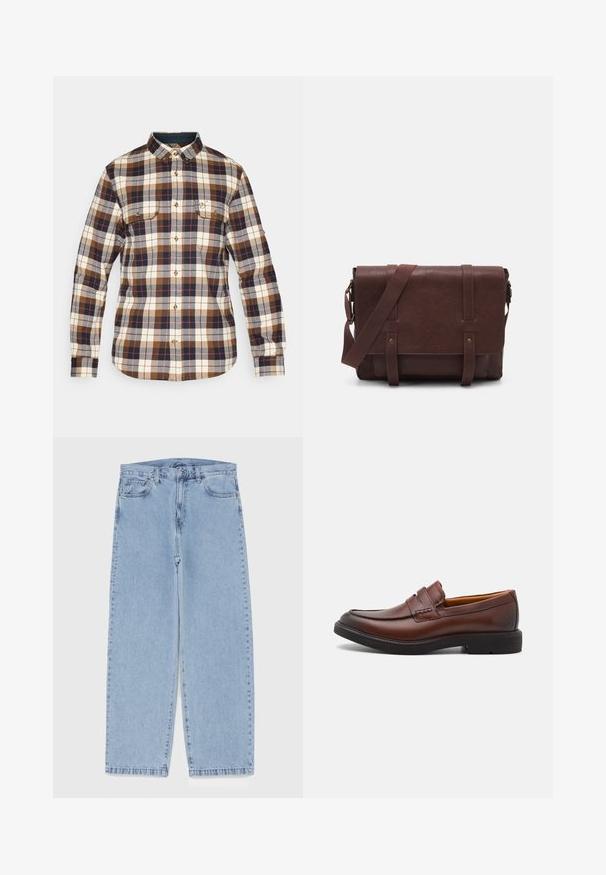 Camicia in flanella a quadri con motivi marrone, crema e blu navy, colletto button-down, due tasche sul petto e chiusura con bottoni con accenti dorati.; Jeans in denim azzurro chiaro con design a gamba dritta, caratterizzati da una vita media, cinque tasche e chiusura con bottone e zip.; Mocassini in pelle marrone con punta arrotondata, cuciture decorative e suola in gomma nera. Texture liscia e dettagli di design minimi.; Borsa a tracolla in pelle marrone con un davanti piatto, due cinghie, dettagli in metallo dorato e una tracolla regolabile.