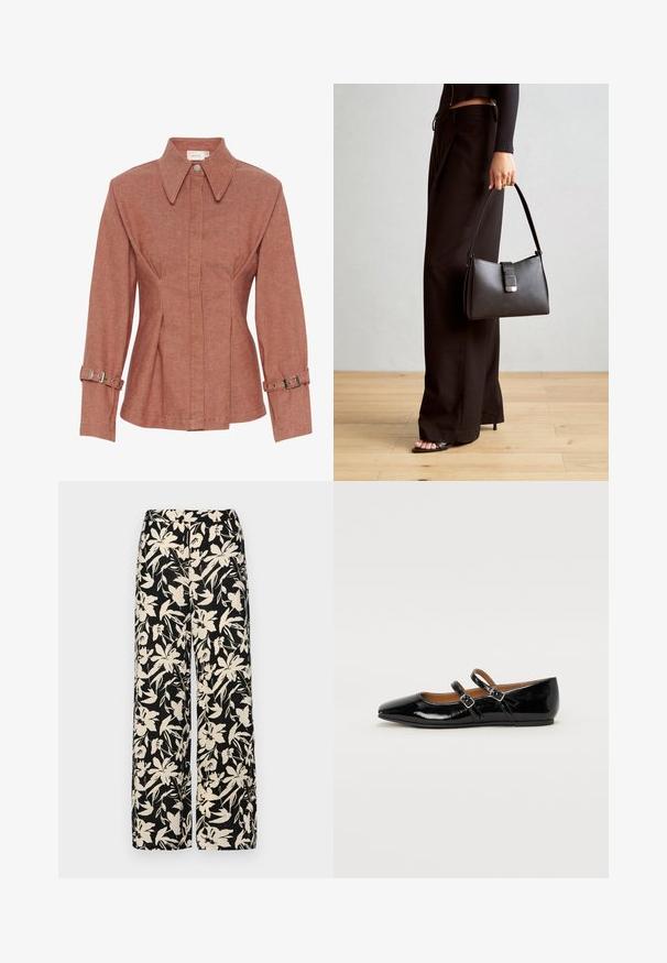 Giacca di colore ruggine realizzata in tessuto testurizzato, con colletto, bottoni frontali e strap regolabili sulle maniche. Design fitted con cuciture.; Pantaloni larghi neri con un motivo floreale crema. Realizzati in tessuto leggero, con una texture liscia e una vita alta.; Scarpa piatta in pelle verniciata nera con punta affusolata, due cinturini con fibbia sul gambale e tacco basso e arrotondato.; Borsa nera con forma strutturata, texture liscia e una chiusura metallica. Abbinata a pantaloni neri larghi e sandali open-toe su un pavimento in legno.