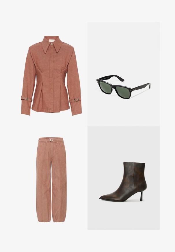 Jachetă de culoare ruginie, realizată dintr-un material texturat, cu guler, nasturi frontali și bretele ajustabile pe mâneci. Design ajustat cu cusături.; Pantaloni roz cu picioare largi, având o textură netedă, bucle pentru curea, închidere cu nasture și detalii de cusătură proeminente. Mansetele se strâng la glezne.; Botine din piele maro, cu vârf ascuțit, design elegant și toc subțire negru. Suprafață texturată cu un model subtil.; Ochelari de soare din plastic negru cu lentile verzi, rame pătrate, accent argintiu pe sprânceană și brațe texturate. Marca este menționată pe brațul interior.; Geantă de mână din suede bej, cu o formă rotundă, având trei buzunare pliate pe partea din față și o singură curea ajustabilă.
