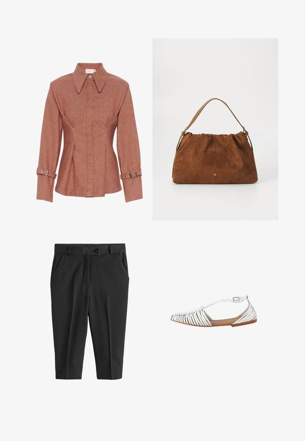 Rozsdabarna dzseki texturált anyagból, gallérral, elöl gombokkal és állítható pántokkal az ujjakon. Esztétikus, szabott fazon varrásokkal.; Fekete testre szabott nadrág elöl redőkkel, gombos zárással és oldalzsebekkel. Simább textúrájú, rövidített hosszúságú és karcsú siluettel rendelkezik.; Fehér lapos szandál, amely több vékony pánttal rendelkezik, szőtt hatást keltve. Nyitott orrú dizájn, barna talppal és állítható bokapánttal.; Barna velúr kézitáska, gyűjtött kialakítással, egyetlen világosbarna bőrszíjjal és egy diszkrét arany logós részlettel az elején.