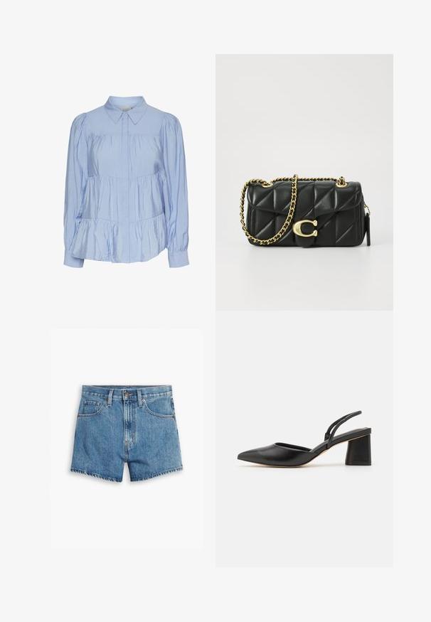 Blusa azul clara feita de tecido brilhante, com colarinho clássico, frente com botões, mangas bufantes e uma bainha em camadas com volantes.; Bermudas de ganga em azul claro, com cinco bolsos, fecho de correr e fecho de botão. A bainha está desfiada com um design de corte descontraído.; Sandal de salto baixo com biqueira em ponta, feita de pele lisa, apresentando tiras finas na parte de trás para um ajuste seguro.; Bolsa de mão em couro acolchoado preto com uma alça de corrente dourada e um fecho de pressionar com um canto circular. Formato retangular compacto.