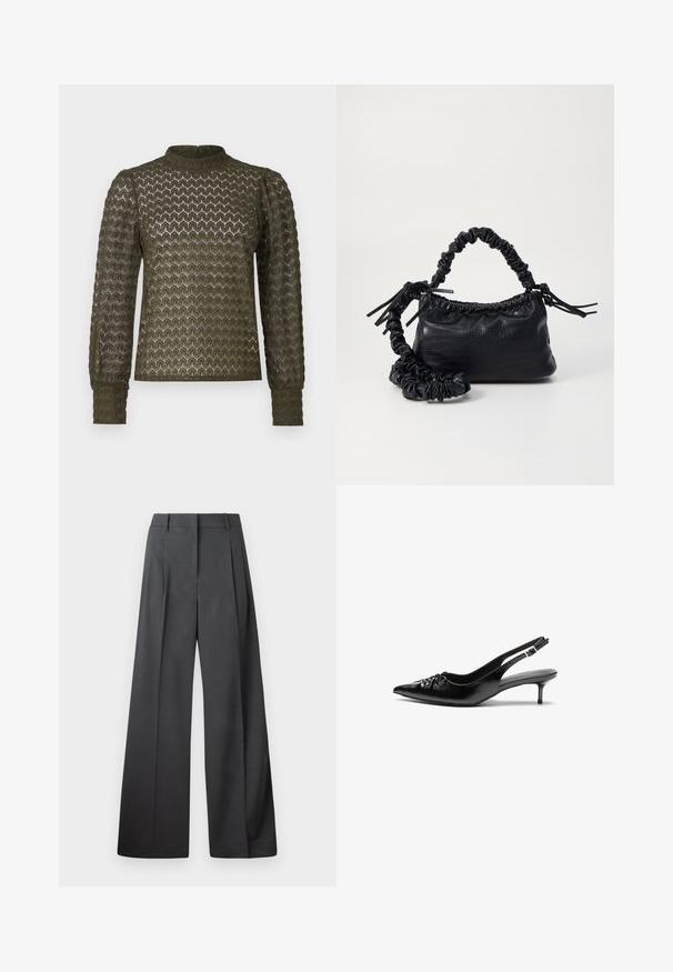 Camisola de manga longa de cor verde-azeitona com um padrão texturizado em favo de mel, gola alta e mangas franzidas. Tecido leve com um acabamento suave.; Calças de perna larga em tecido cinza escuro, apresentando uma cintura alta, pregas simples e uma textura suave com um acabamento limpo nas bainhas.; Sapatos de salto alto slingback em couro preto com bico fino, pequeno salto kitten e um detalhe decorativo em forma de nó na parte da frente. Textura suave em toda a parte.; Bolsa de mão em couro sintético preto com textura de crocodilo, topo franzido e alça enrugada. Apresenta um design suave e compacto.
