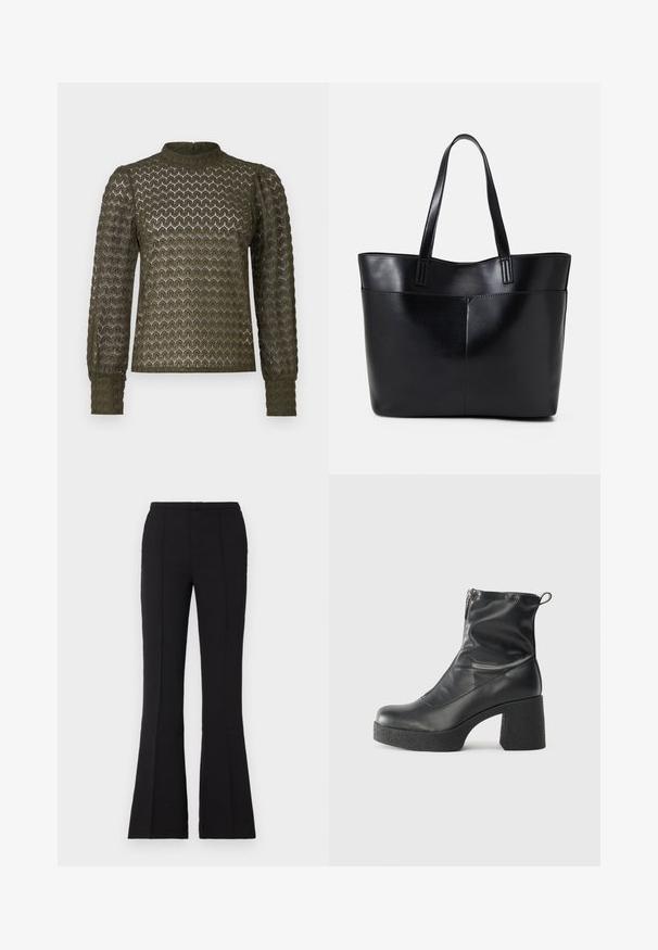 Olivenfarget genser med lange ermer og teksturert bikake-mønster, høy hals og rynkede ermer. Lett stoff med en myk finish.; Sorte flagrende bukser laget av glatt stoff, med en tettsittende midje, front sømdetaljer og en lett flare som begynner fra kneet.; Svarte ankelstøvler laget av glatt lær, med glidelås på siden, chunky strukturert hæl, og rund tå-design.; Svart lær toteveske med to lange håndtak, en glatt tekstur og en strukturert form. Har en frontlomme for ekstra oppbevaring.
