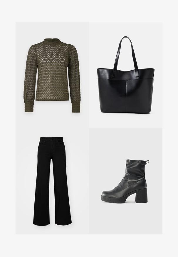Olivenfarget genser med lange ermer og teksturert bikake-mønster, høy hals og rynkede ermer. Lett stoff med en myk finish.; Svart vide bukser laget av denim, med en strukturert midjebånd, beltestropper og frontlommer. Glatt tekstur med et klassisk design.; Svarte ankelstøvler laget av glatt lær, med glidelås på siden, chunky strukturert hæl, og rund tå-design.; Svart lær toteveske med to lange håndtak, en glatt tekstur og en strukturert form. Har en frontlomme for ekstra oppbevaring.