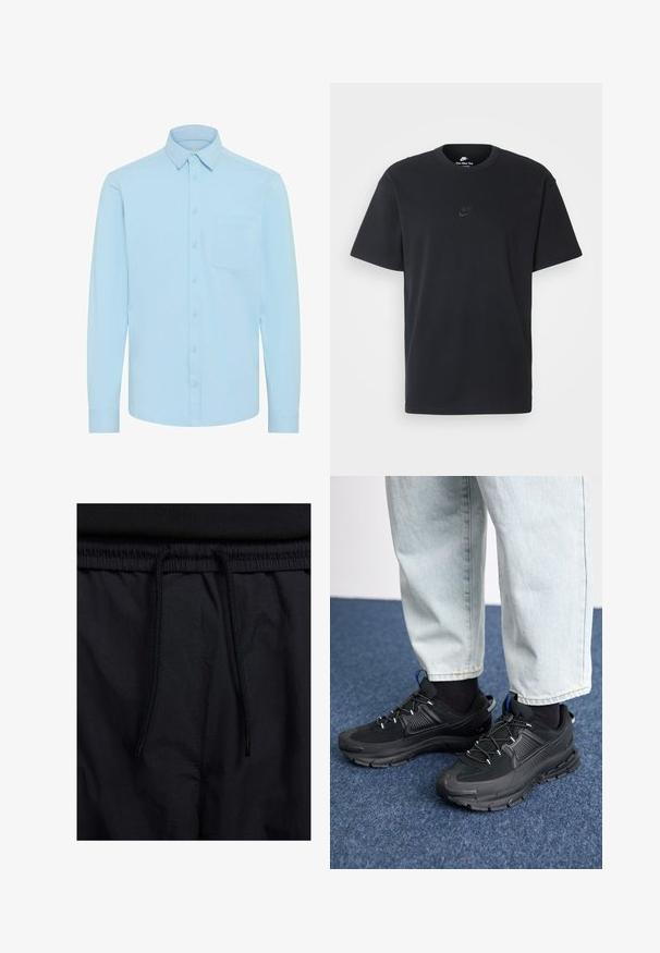 Šviesiai mėlynas marškiniai su ilgomis rankovėmis, klasikinio tipo apykaklė ir viena krūtinės kišenė. Pagaminti iš lygaus audinio su vienspalviu dizainu.; Juodas medvilninis Nike marškinėliai su klasikinėmis apykaklėmis, trumpomis rankovėmis ir subtiliu, įspaustu logotipu ant krūtinės. Sklandus tekstūra.; Juodos šortai su raišteliu juosmens srityje, lengva medžiaga su lygiu paviršiumi ir paprastas dizainas be matomų logotipų ar raštų.; Juodi sportiniai bateliai su tekstūruota medžiaga ir guminiais padais, su elastingomis raišteliais ir mėlynu akcentu ant kulno. Dėvimi su šviesiai mėlynomis džinsinėmis kelnėmis.