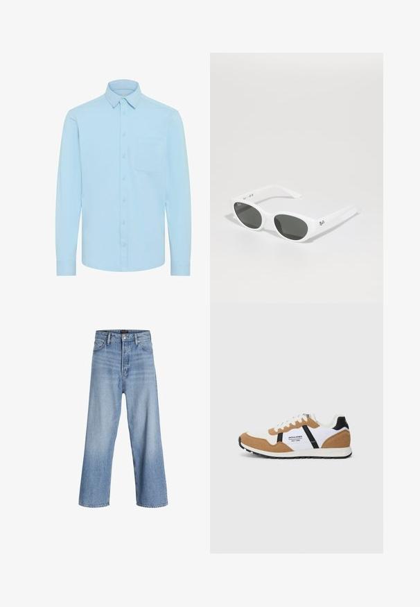 Světle modrá košile na button-up s dlouhými rukávy, klasickým límečkem a jednou náprsní kapsou. Vyrobena z hladké tkaniny s jednoduchým designem.; Světle modré džínové kalhoty širokého střihu s vysokým pasem, s knoflíkovým zapínáním, pětikomorovým designem a jemným ombré efektem. Čistý lem.; Retro stylový tenisky s bílou a tan suede, černými akcenty, bílými šňůrkami a logem "Jack & Jones EST. 1990" na boku.; Bílé sluneční brýle s kulatými rámy a tmavými skly. Mají hladký plastový povrch a malé logo na stranici.