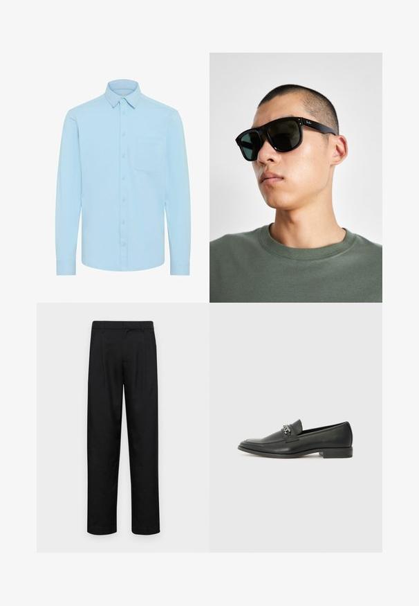 Heleheline nööpidega särk pikade varrukatega, klassikalise kraega ja ühe rinnaummikuga. Valmistatud sileda kangaga, millel on lihtne disain.; Mustad mustadest riietest, millel on sirge jalgade disain, kaks eesmist voltimist ja tavaline vöökoht, millel on vöökohad.; Must haveate nahkking punased, millel on sile viimistlus, tikitud muster ja dekoratiivne metallkett vampi üle. Tasane konts.; Mustade ristküliku kuju prillid tumedate läätsedega, millel on eriline kuju ja bränding templil. Kanda inimese poolt, kellel on seljas roheline särk.