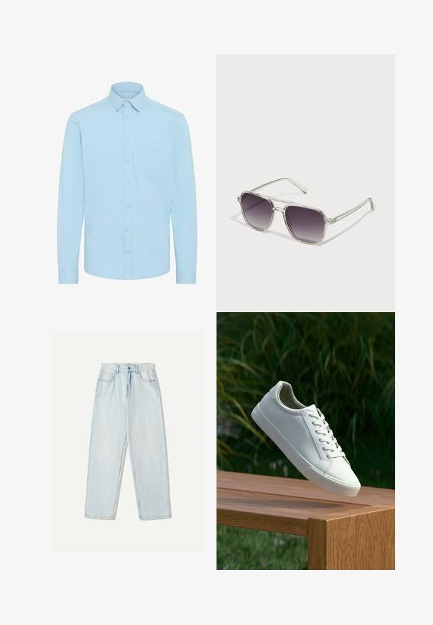 Ljusblå skjorta med knappar, långa ärmar, klassisk krage och en enda bröstficka. Tillverkad av ett slätt tyg med en enkel design.; Ljust blå denimjeans med avslappnad passform, raka ben, femfickorsdesign och subtila blekningar på tyget.; Vit snörad sneaker svävande ovanför en träbänk med gröna växter i bakgrunden, som visar skodesign och textur.; Klart ramade solglasögon med fyrkantig form och gradientgrå linser. Smala silverdetaljer på skalmarna ger en extra touch.