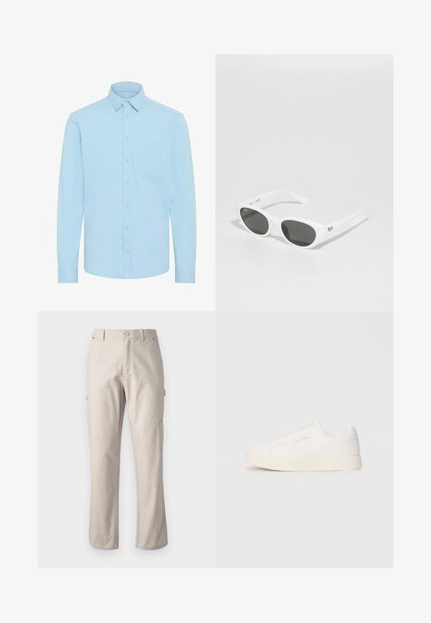 Heleheline nööpidega särk pikade varrukatega, klassikalise kraega ja ühe rinnaummikuga. Valmistatud sileda kangaga, millel on lihtne disain.; Beez värvi cargo püksid, mis on valmistatud vastupidavast puuvillast, sirgete jalgadega, ees nuppe sulgemisega ja külgtaskutega utiliidi jaoks. Sile tekstuur koos peente õmblustega.; Valged libisemiskindlad tossud tekstuuriga pinnaga, paksu tallaga ja minimalistikus disainis. Küljel on brändi logo.; Valged prillid ümarate raamidega ja tumedate läätsedega. Omab siledat plastikutekstuuriga ja väikest logo tempel.