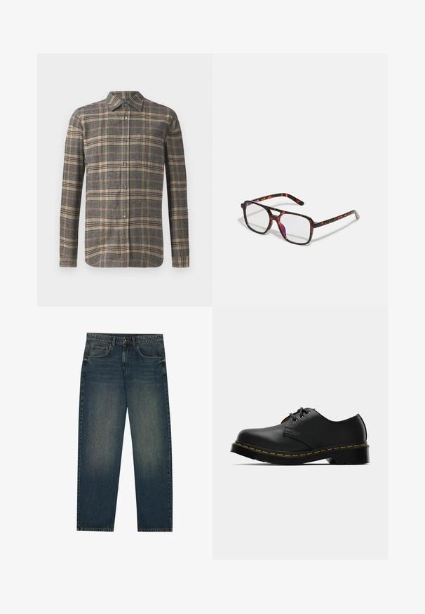 Cămașă cu mâneci lungi, cu nasturi, într-un model plaid gri, bej și portocaliu. Prezintă un guler clasic și un tiv drept, cu nasturi negri.; Jeans din denim de culoare albastru închis, cu un croi drept, design cu cinci buzunare și o textură ușor decolorată pe picioare. Potrivit pentru ținute casual.; Pantofi negri din piele, cu vârf rotunjit, design cu șireturi, cusături galbene pe talpă și o talpă groasă din cauciuc negru pentru aderență.; Ochelari cu rame în model țestoasă, cu lentile dreptunghiulare, rame negre și portocalii, având un finisaj lucios și temple subțiri.