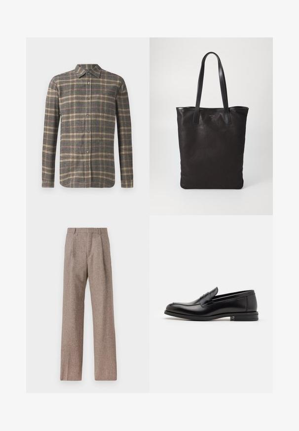 Garais piedurkņu krekls ar pogām, pelēkā, bēša un oranžā svītrā. Iespējas klasiskā apkakle un taisns apakšmalā ar tumšām pogām.; Brūni, augstos šortos izgatavoti no teksturēta auduma. Iezīmē plašas kājas un divas priekšējās krokas, kas nodrošina struktūru. Kārtīga apdare bez redzamām detaļām.; Melnas ādas kurpes ar gludu tekstūru, noapaļu purngalu un dekoratīvu siksniņu pāri priekšpusei. Zems sakrauts papēdis, minimālisma dizains.; Melnas auduma iepirkumu soma ar melnām ādas rokturiem. Vienkāršs dizains, plaša forma un gluda tekstūra. Nav redzamu logo vai rakstu.