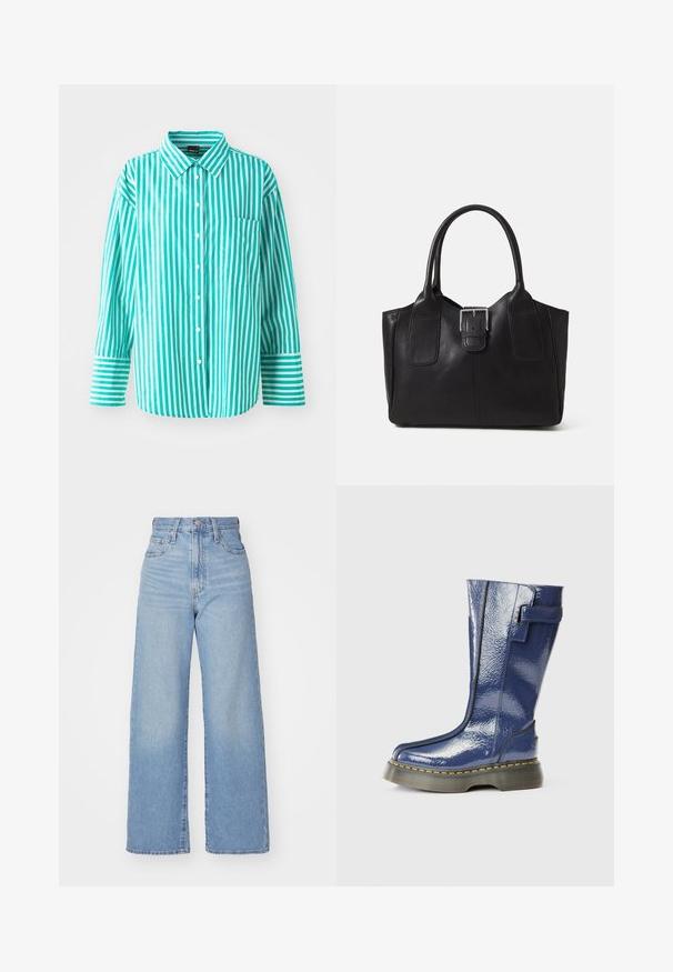 Turkisstripet skjorte med lange ermer og brystlomme. Har vertikale striper av varierende bredde og klassisk krage.; Lys blå høytlivs vide jeans med knapp- og glidelås lukking foran, foran og bak lommer, på en hvit bakgrunn.; Blå, blank knæ-høje støvler med rund tå, sidelukning og vertikale sømdetaljer. Har en tyk, sort platformssåle med gule syninger.; Svart skinn toteveske med jevn tekstur, strukturert form, to håndtak og en fremtredende sølvspenne foran.