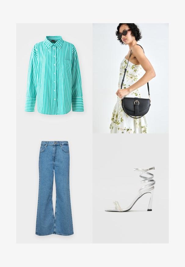 Turquoise striped button-up shirt with long sleeves and a chest pocket. Features vertical stripes of varying widths and a classic collar.; Light blue flared jeans made of denim, featuring a high waist, five pockets, and a single button closure. Soft texture with faded finish.; Silver high-heeled sandal with a shiny strap design, featuring a pearl-like accent and a spiraled ankle strap for secure fit.; Black leather handbag with a curved shape, detachable strap, and gold hardware. The bag features a flap with a buckle detail.