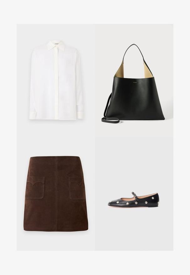 Weißes Langarmhemd mit spitzem Kragen, Knopfleiste und einem glatten, leichten Stoff. Hat einen geraden Schnitt und umgeschlagene Ärmel.; Brauer Wildlederrock im klassischen A-Linien-Schnitt, mit zwei vorderen Taschen mit abgerundeten Klappen und dezenten Nähten.; Schwarze Leder-Mary-Jane-Ballenflats mit runder Zehenform, ausgestattet mit silbernen runden Nieten und einem verstellbaren Riemen mit Schnalle.; Schwarze Leder-Tote mit einem geräumigen, eckigen Design. Verfügt über ein kontrastierendes, hellbraunes Innenfutter und einen dünnen Schulterriemen. Minimalistisches Branding ist angebracht.