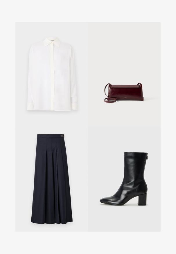 Camisa blanca de manga larga con cuello tipo punta, cierre de botones en el frente y una tela suave y ligera. Presenta un corte recto y mangas con puños.; Falda plisada de color azul marino hecha de una tela suave, que cuenta con una cintura ceñida con un acento metálico y un dobladillo hasta el suelo.; Bota de cuero negro hasta el tobillo con punta afilada y tacón de bloque de 4 cm. Su diseño elegante incluye una cremallera lateral para facilitar su uso. Textura suave.; Bolso bandolera de cuero burdeos con textura suave, forma rectangular, cierre de solapa y una correa delgada y ajustable. Detalle del logo en dorado visible.