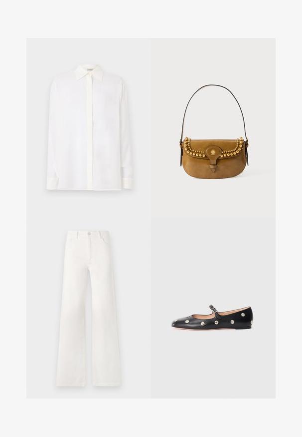 White long-sleeve shirt with a pointed collar, button front, and a smooth, lightweight fabric. Features a straight cut and cuffed sleeves.; White, high-waisted wide-leg jeans made of denim. Features a button closure, two front pockets, and side seams with stitching details.; Black leather Mary Jane flat shoe with a rounded toe, featuring silver circular studs and an adjustable strap with a buckle.; Brown leather handbag with a curved shape, featuring gold stud accents along the top, a short strap, and a buckle closure.