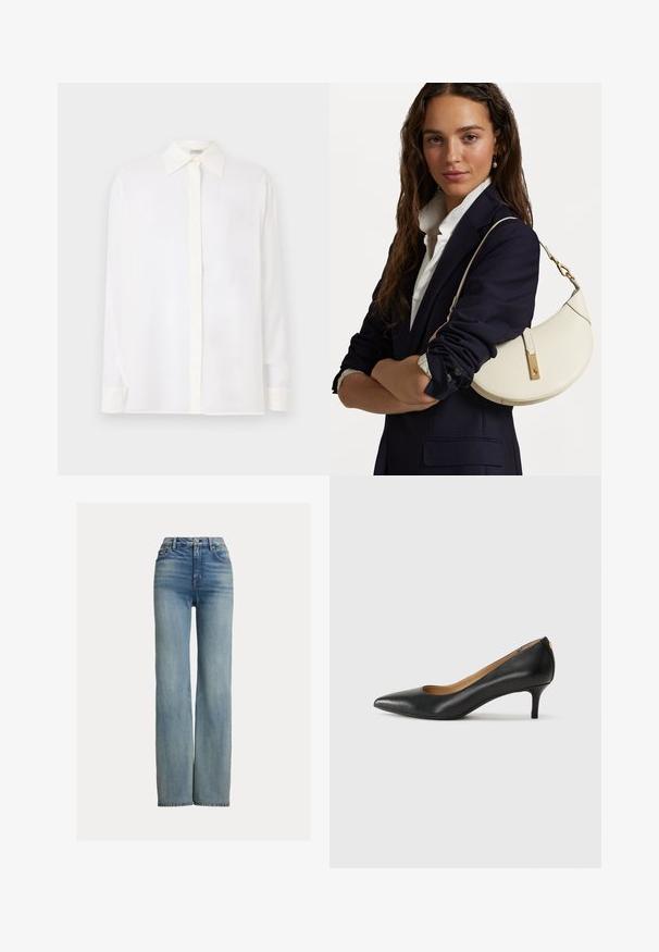 Vit långärmad skjorta med spetsig krage, knappfront och ett mjukt, lätt tyg. Har rak skärning och manschetter på ärmarna.; Högmidjade, raka blå jeans med framfickor, bälteshällor och knäppning, med subtila blekta detaljer.; Svart läderpumps med spetsig tå, låg klack och slät yta. Har en liten öppning framtill och minimal hårdvara bak.; Vit läderhandväska med en böjd form, gyllene detaljer och en texturerad yta, bärs över en mörk blazer och vit skjorta.