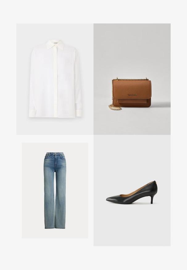 Fehér, hosszú ujjú ing hegyes gallérral, gombos elülső résszel és sima, könnyű anyagból készült. Egyenes szabású, és az ujjak pánttal vannak ellátva.; Magas derekú, egyenes szárú kék farmernadrág, elülső zsebekkel, övhurkokkal és gombos záródással, finoman megfakult részletekkel.; Fekete bőrpumpa hegyes orral, alacsony sarokkal és sima felülettel. Elöl enyhe nyílással rendelkezik, hátul pedig minimális részletezéssel.; Barna textúrájú bőr keresztbody táska arany lánc pánttal és fedélzárral. Az elején logó részlet és egy zseb található a fedél alatt.