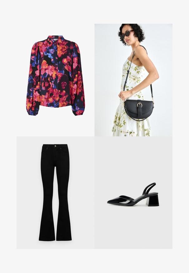 Blusa floral com mangas bufantes longas, apresentando uma mistura de cores vibrantes: rosa, laranja, azul, e fundo preto. Colarinho com botões.; Jeans pretos de cintura alta com fecho de botão e zíper, bolsos frontais e pernas largas dispostos em cima de um fundo branco.; Sandy em verniz preto com salto slingback, ponta afilada e salto geométrico. Apresenta um design elegante e minimalista com textura suave.; Bolsa de couro preta com forma curva, alça destacável e detalhes em dourado. A bolsa possui uma aba com detalhe de fivela.