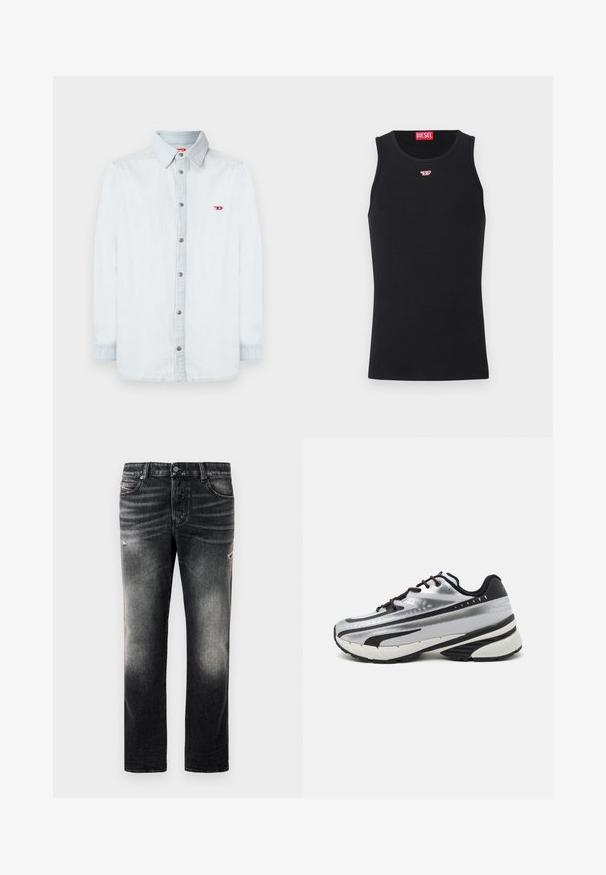 Lys blå denimskjorte med knappestolpe foran, lange ermer og en liten rød logo på venstre bryst. Sølvknapper fullfører designet.; Svart bomullstopp med rund hals og uten ermer. Liten rød Diesel-logo brodert på brystet. Glatt tekstur og tettsittende fasong.; Sorte jeans med en falmet finish og slidte detaljer, standard fem-lomme-design og glidelås foran. Laget av denimstoff.; Løpesko med sølvfarget mesh-overdel, svarte detaljer og hvit såle. Har strukturert design og svarte snørebånd. Lettvektig og godt dempet.
