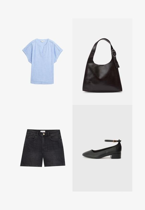 Svetlo modra kratkolasna srajca iz zračnega materiala, ki ima v-izrez in subtilen teksturiran vzorec po vsej površini.; Črne denim kratke hlače z klasičnim pet-pocket dizajnom, enojnim zapiranjem na gumb in ravnim krojem. Gladka površina z diskretnimi šivi.; Črne usnjene pumpice z nazobčanimi prsti in nizko blokasto peto. Imajo trak okoli gležnja z zaponko v zlatem tonu. Gladka tekstura.; Rjava usnjena torba za ramo z gladko teksturo, okroglo obliko, širokim trakom in krožno kovinsko akcenco na ročaju.